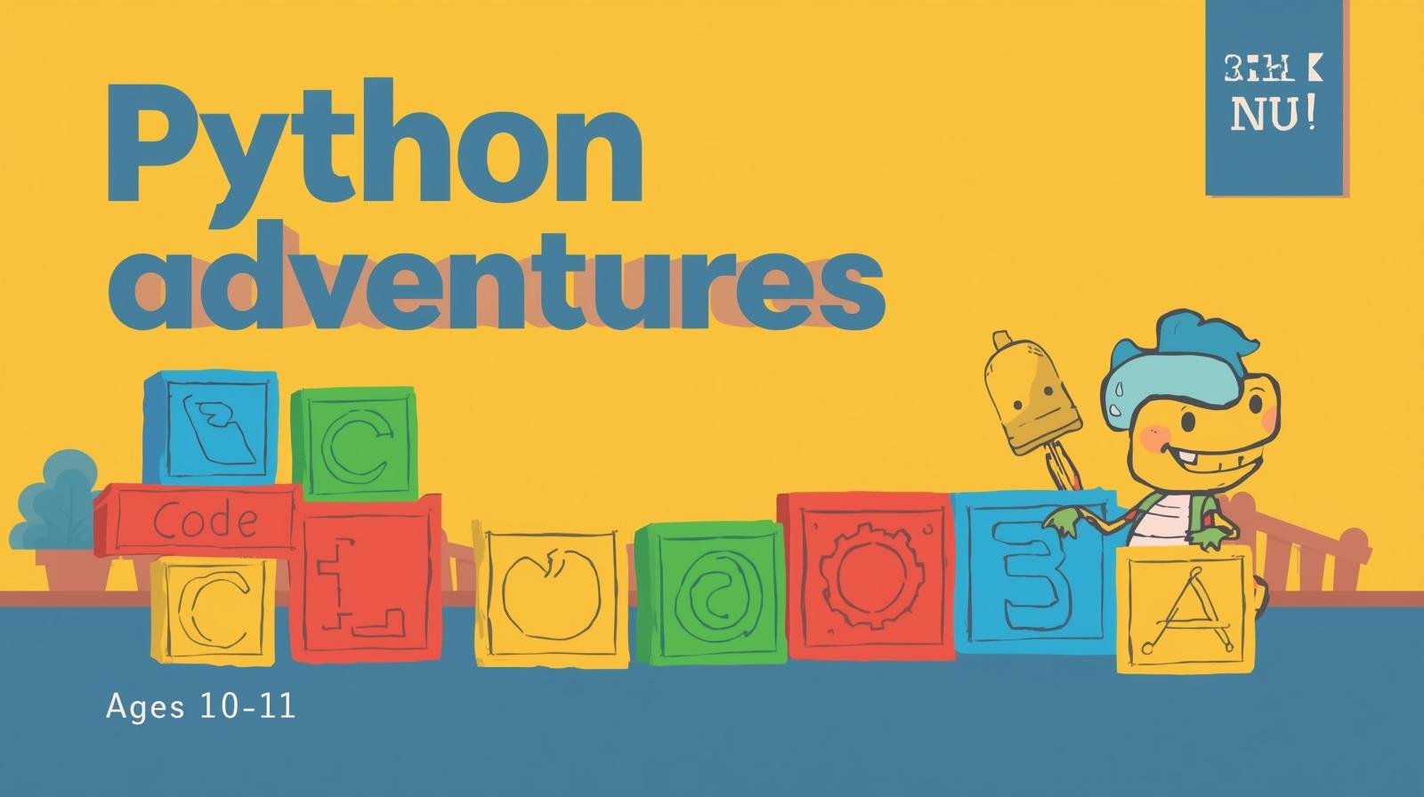 Horizontal poster for a Python programming language learning course using blocks, designed for children aged 10-11. Course name_ _Python Adventures_